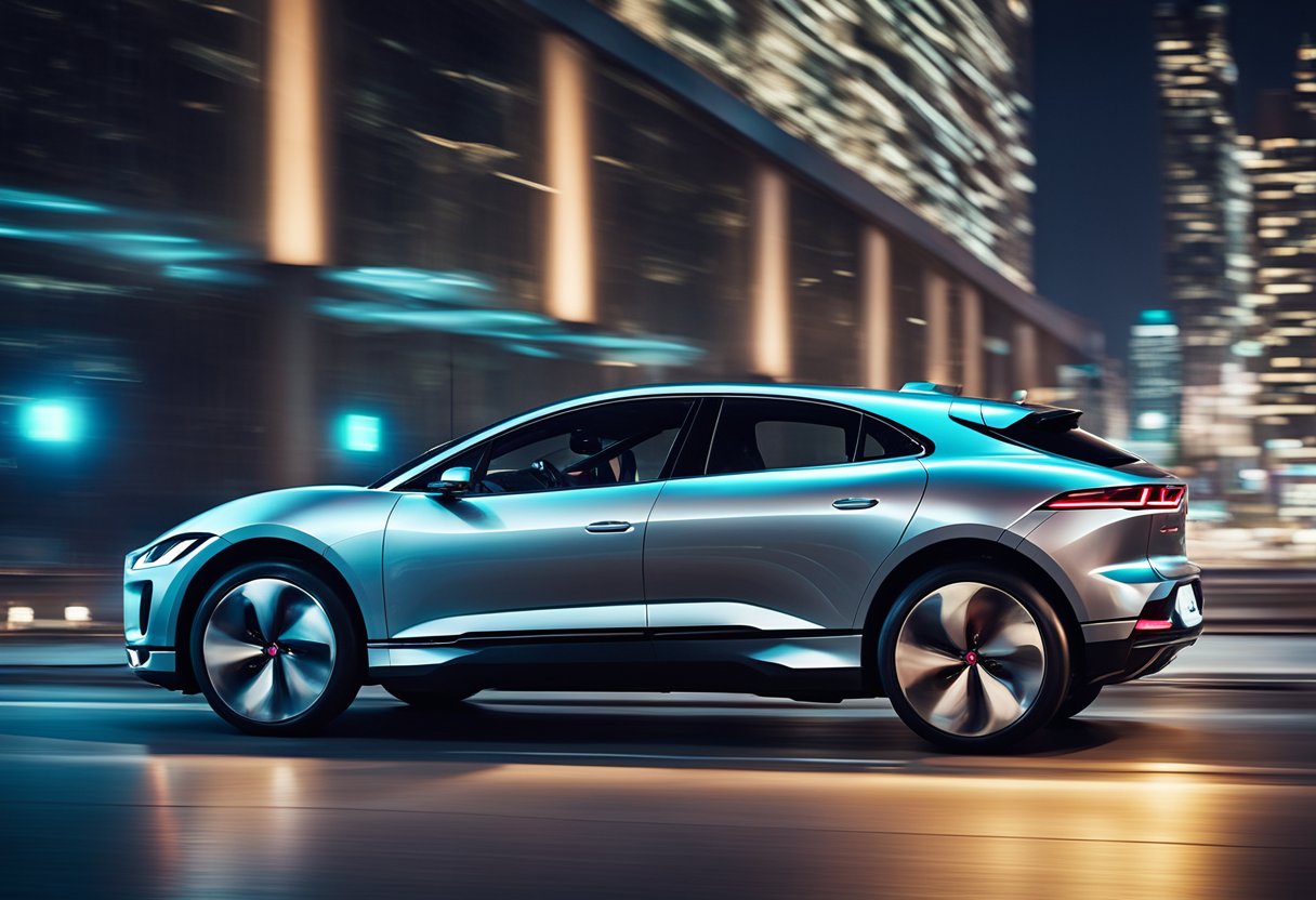 The Jaguar I-Pace glides through a sleek, futuristic cityscape, its electric powertrain shimmering in the neon lights, embodying technical innovation and avant-garde design