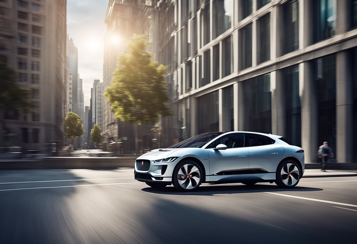 The sleek Jaguar I-Pace glides through a futuristic cityscape, its aerodynamic lines and bold curves reflecting the cutting-edge design and seamless integration of form and function