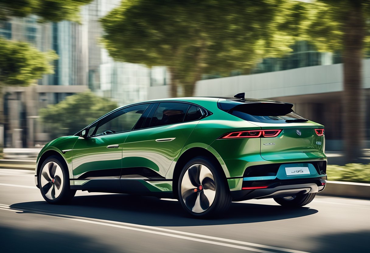 The sleek Jaguar I-Pace glides through a futuristic city, surrounded by lush greenery and renewable energy sources, showcasing its eco-friendly design and sustainable impact