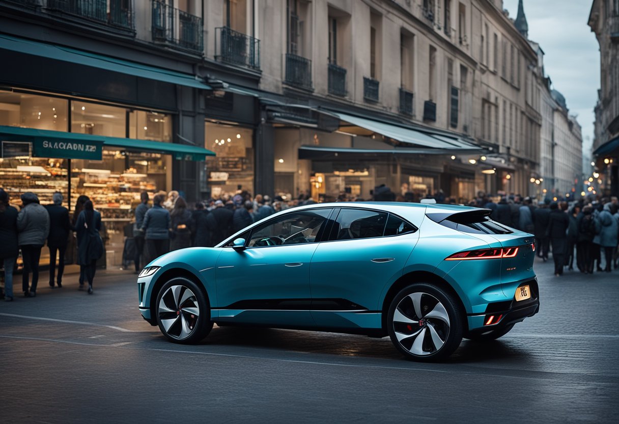 The Jaguar I-Pace glides through a bustling market, drawing admiring gazes and sparking excitement among onlookers. Its sleek lines and futuristic design make it appear like a rolling work of concept art come to life