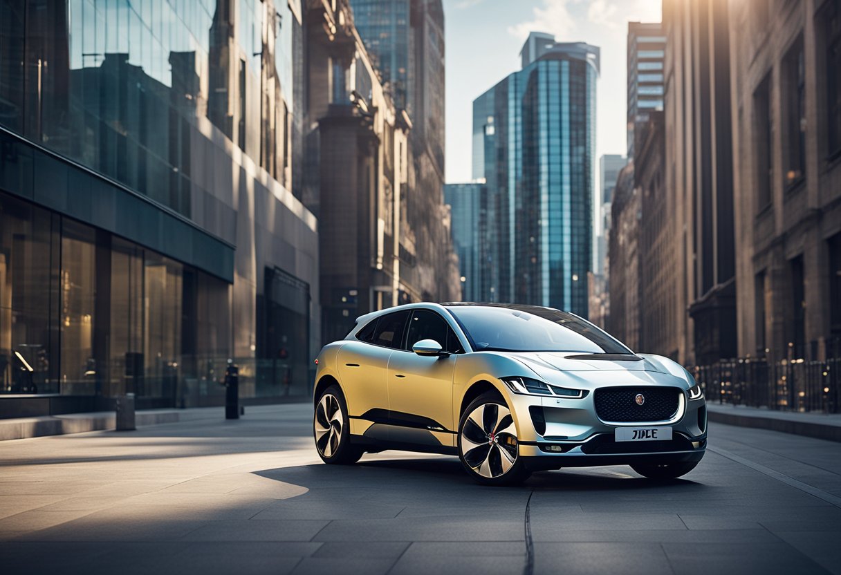 The Jaguar I-Pace glides through a futuristic cityscape, with sleek lines and vibrant colors reflecting off its polished surface