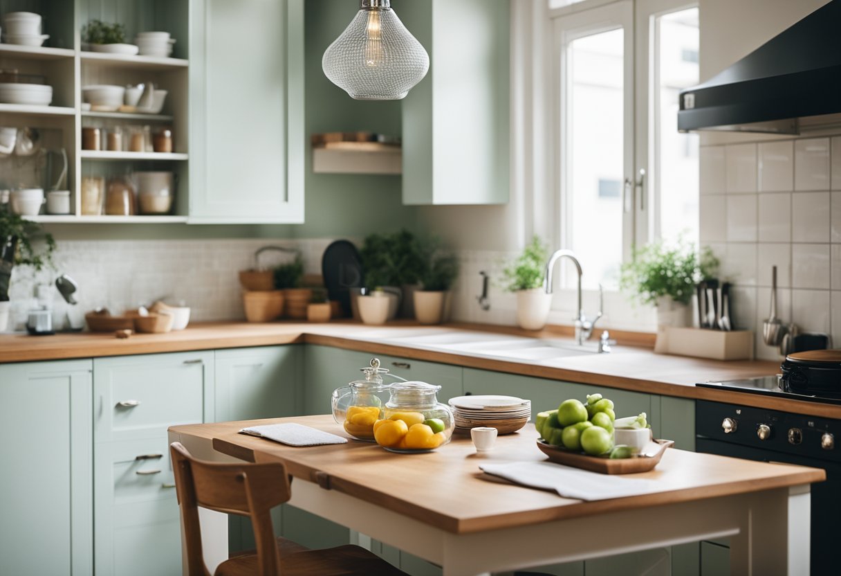 A cozy kitchen with clever storage solutions, a fold-down table, and bright, airy colors