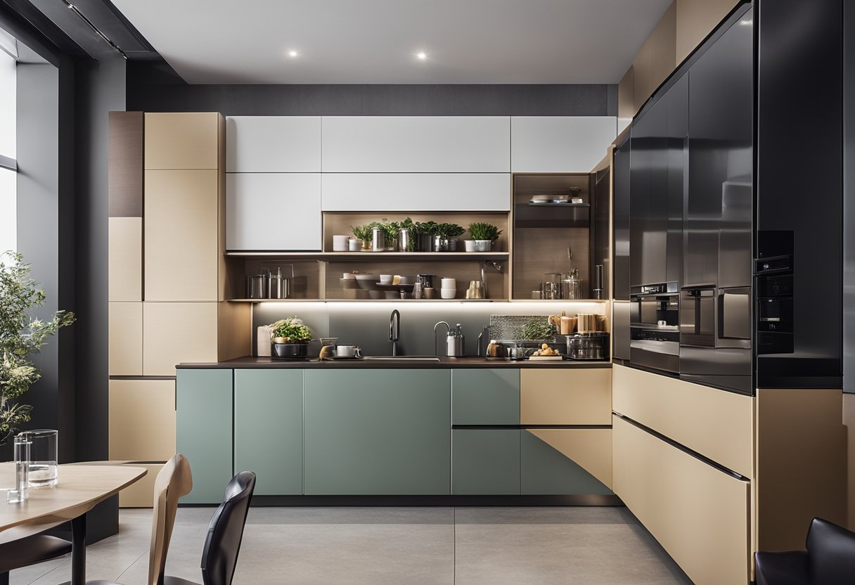 A compact kitchen with clever storage solutions, sleek appliances, and a minimalist color scheme