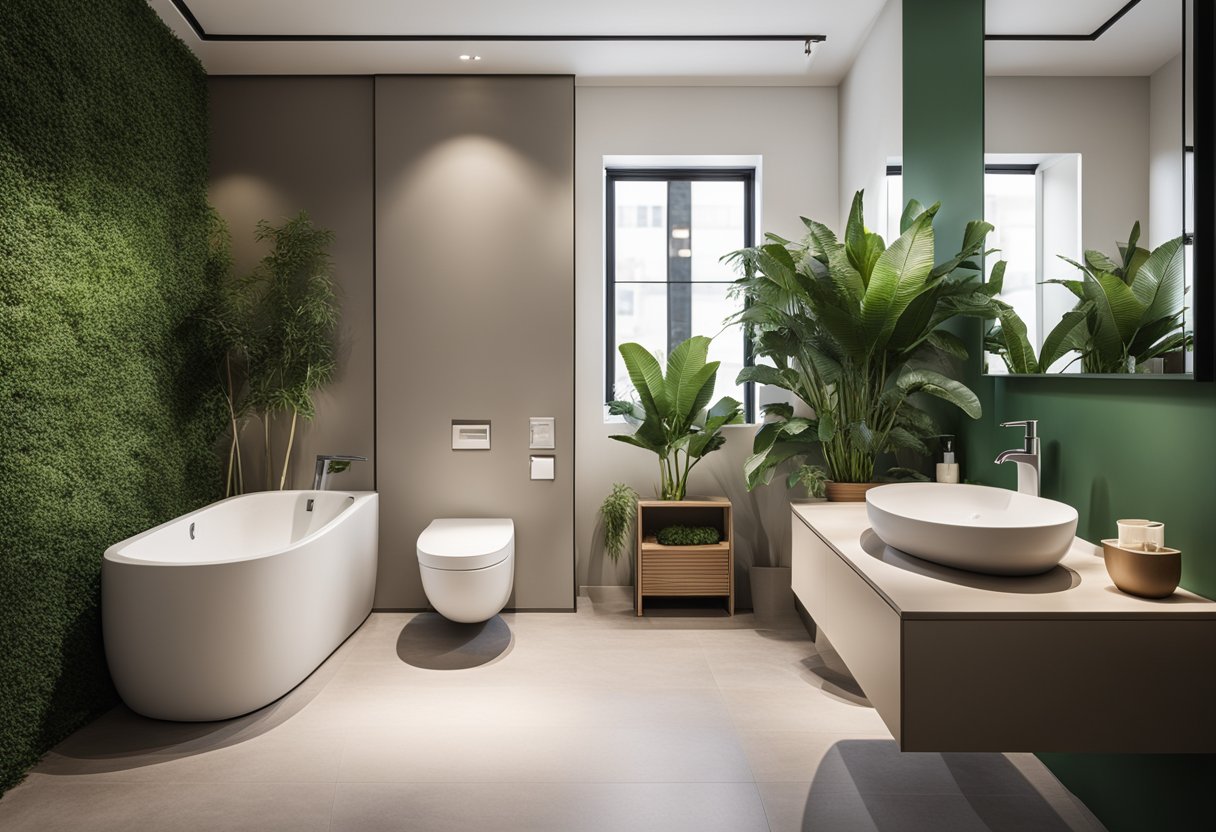 A modern bedroom toilet with sleek fixtures and a large mirror. The color scheme is neutral with pops of green plants for a natural touch