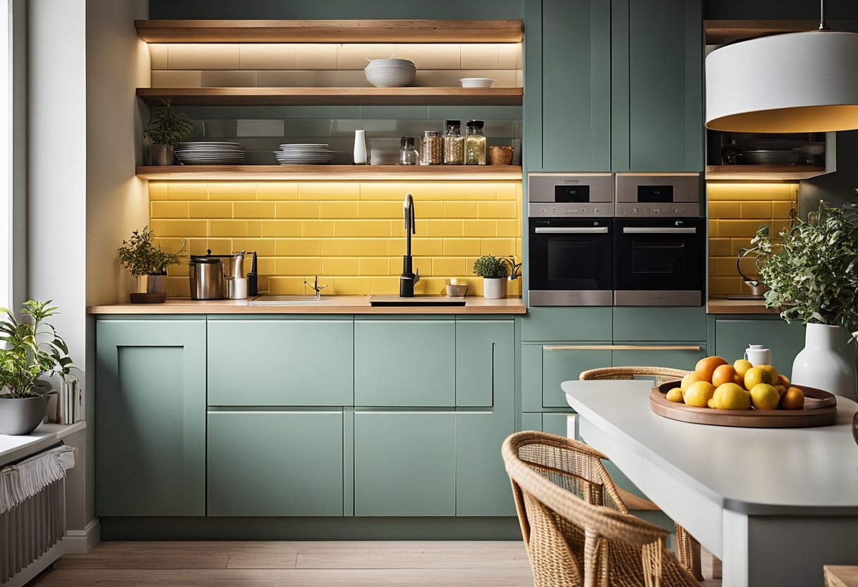 A cozy small kitchen with efficient storage, natural light, and a pop of color. Open shelving, a compact island, and clever organization maximize the space