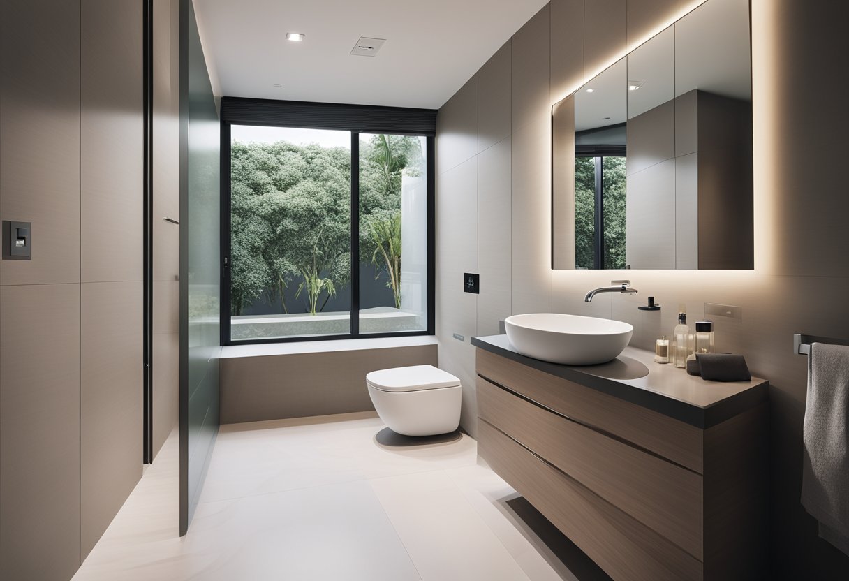 A modern bedroom toilet with sleek fixtures, a minimalist color palette, and ample natural light