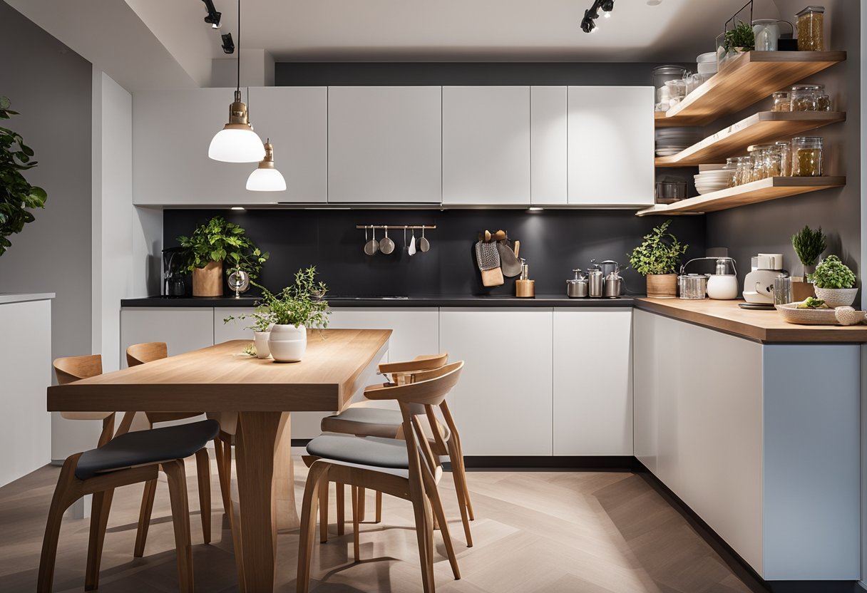 A small kitchen with clever storage solutions, foldable tables, and multi-functional furniture. Open shelving and bright lighting create a spacious feel