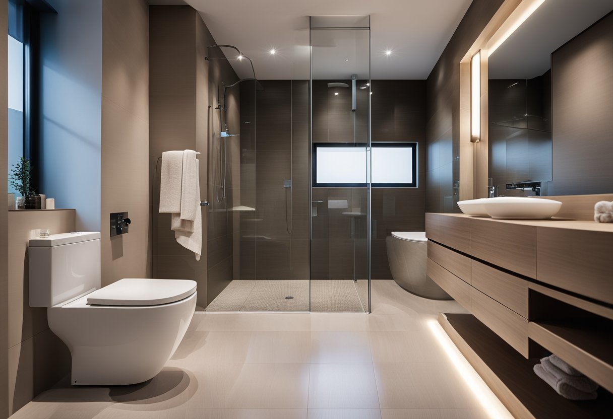 A modern bedroom toilet with sleek fixtures and neutral colors, featuring a spacious shower and separate toilet area