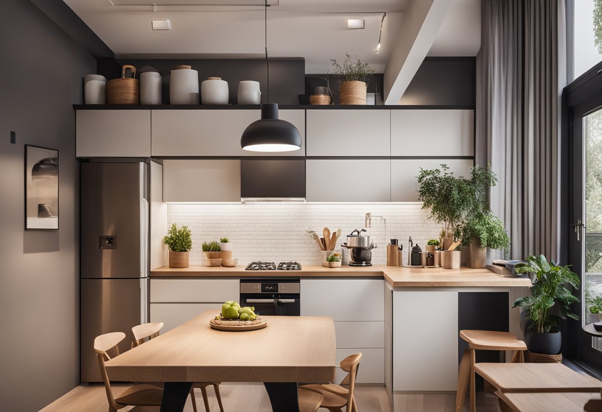 A cozy kitchen with clever storage solutions and multi-functional furniture in a small space. Bright lighting and pops of color create a welcoming atmosphere