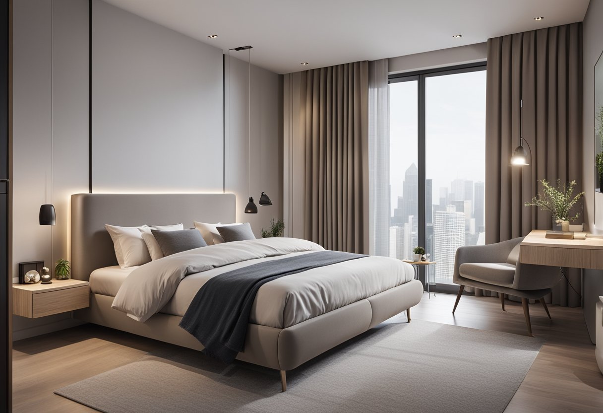 A modern bedroom with a sleek and functional toilet design, featuring clean lines, neutral colors, and ample storage space