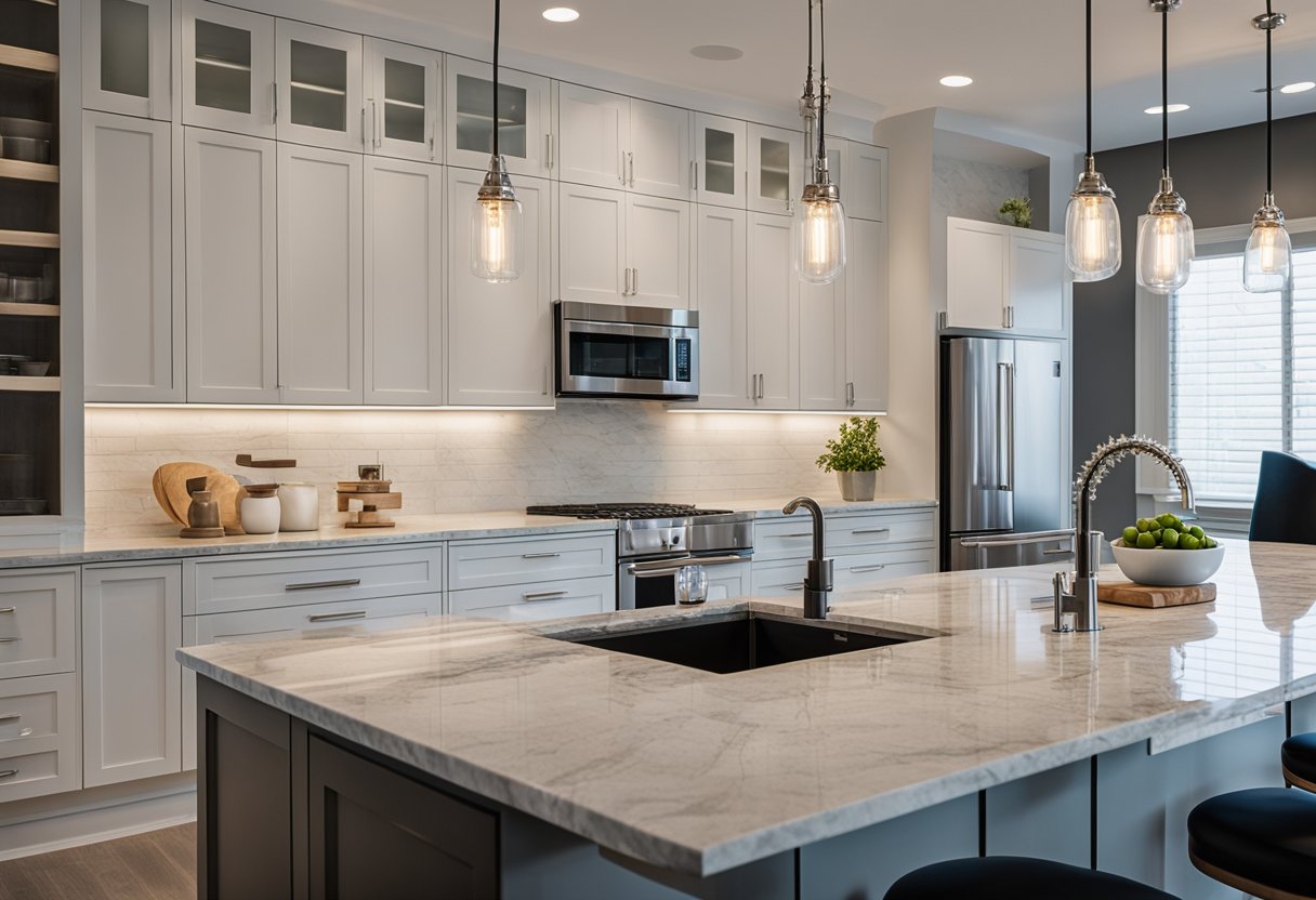 A modern kitchen with sleek marble countertops, stainless steel appliances, and pendant lighting
