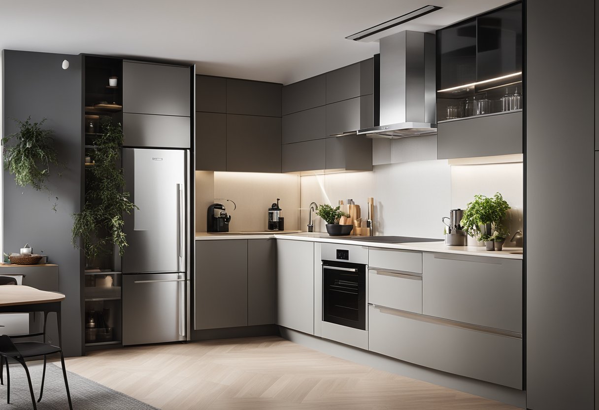 A modern, compact kitchen with sleek, multi-functional appliances and stylish storage solutions. Bright lighting and clean lines create a minimalist yet functional space