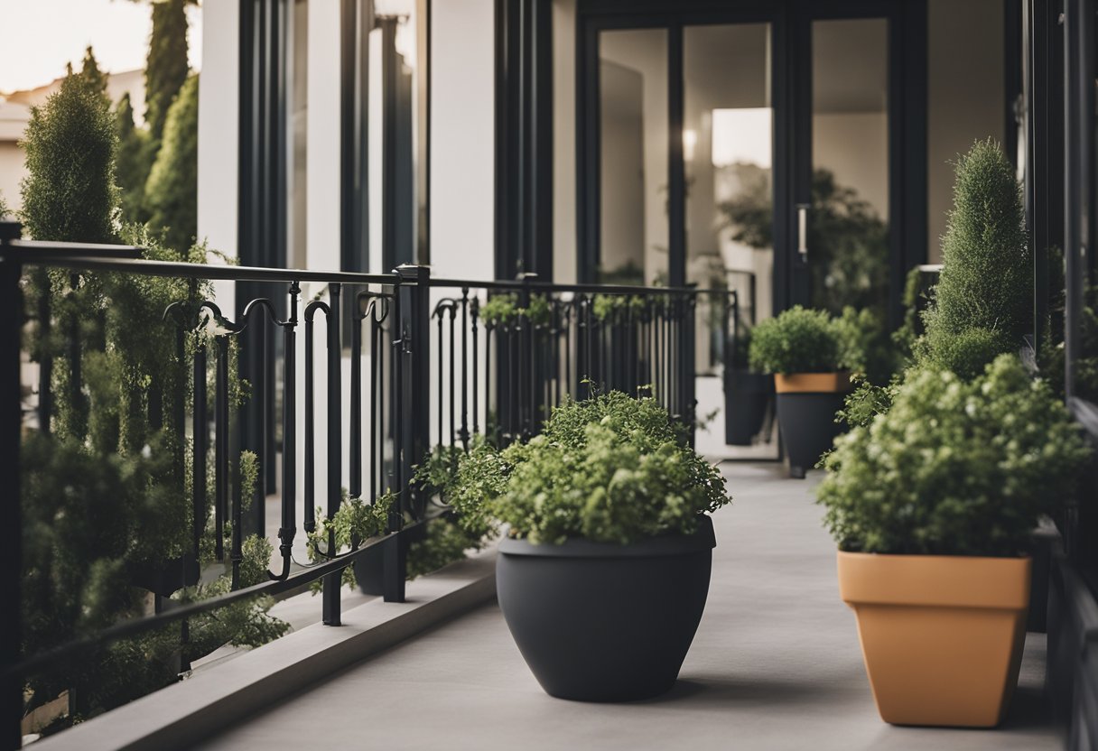 A front balcony extends from a modern house, adorned with sleek metal railings and potted plants, overlooking a serene neighborhood street