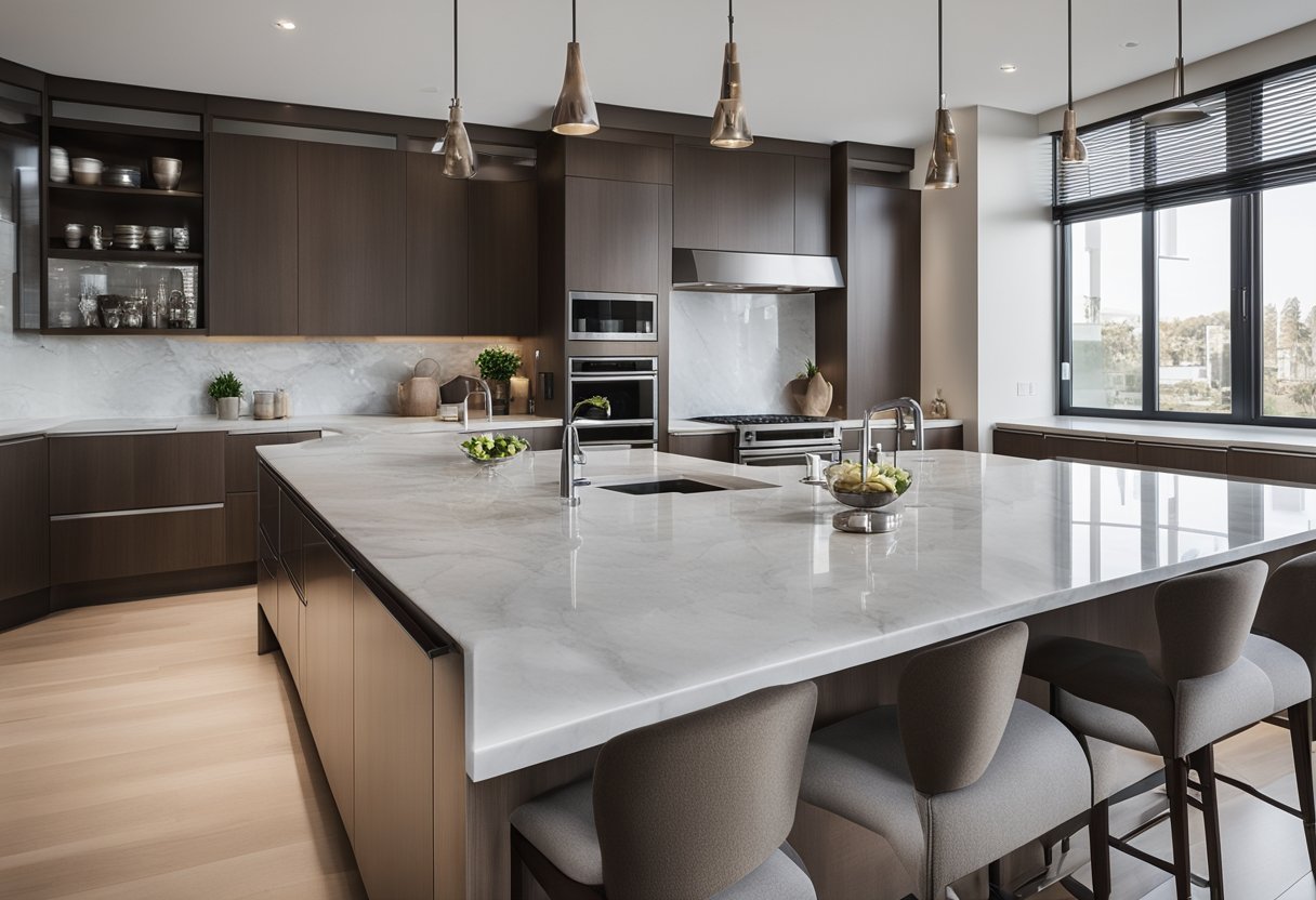 A modern kitchen with sleek marble countertops, stainless steel appliances, and natural light streaming in through large windows