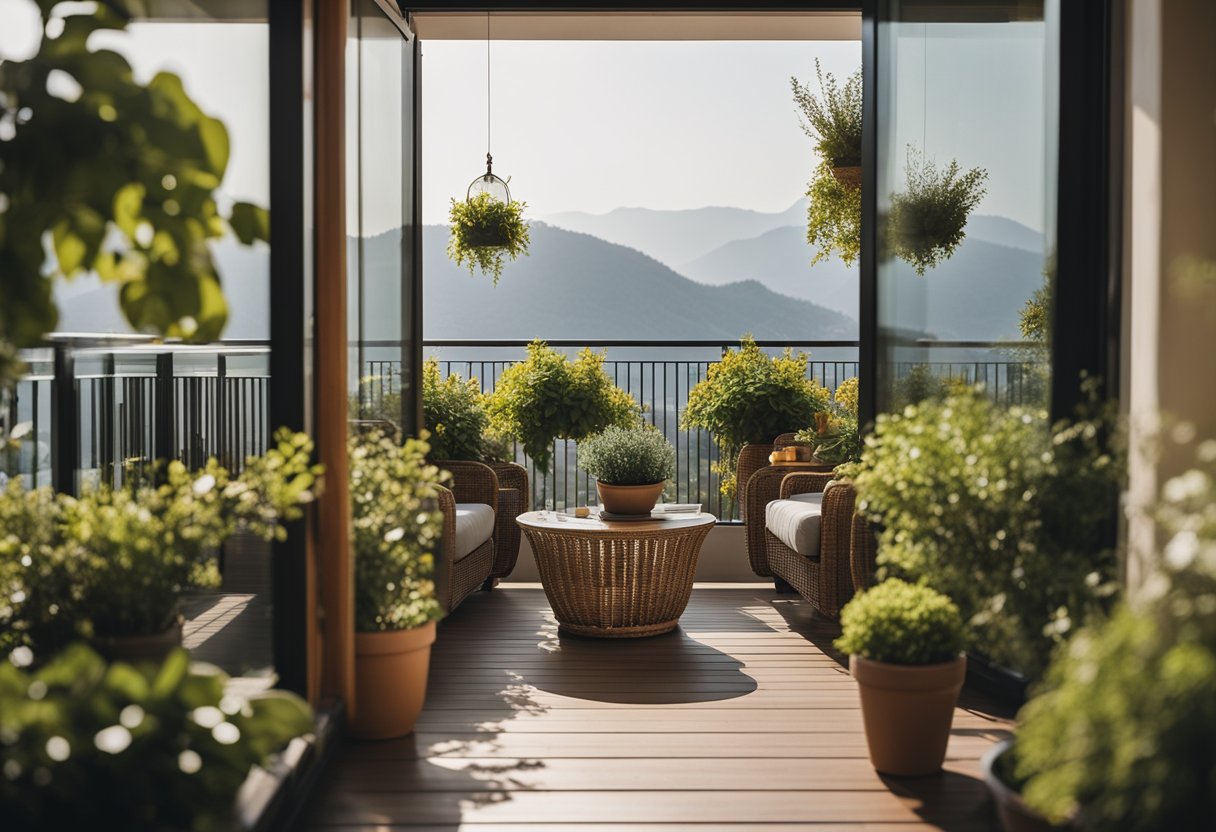 A cozy front balcony with potted plants, comfortable seating, and a small table for enjoying the view