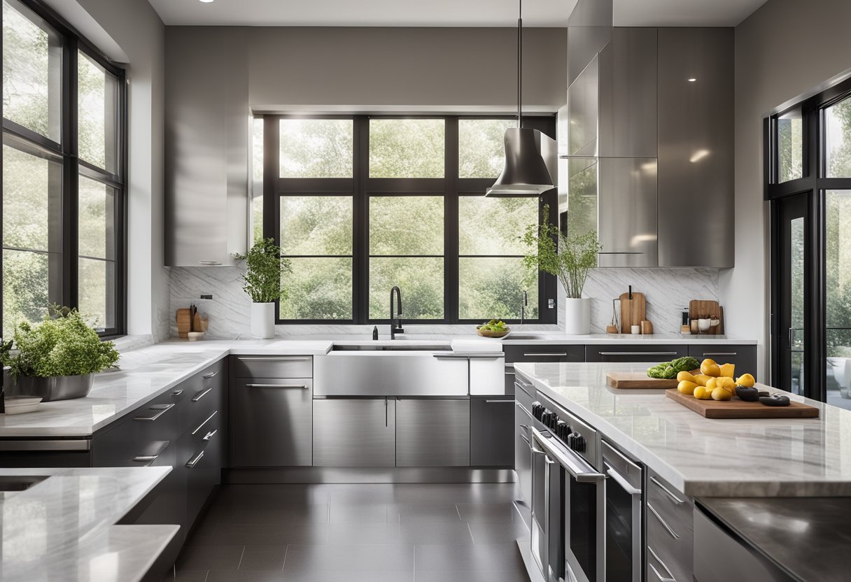 A modern kitchen with sleek marble countertops, stainless steel appliances, and natural light streaming in through large windows