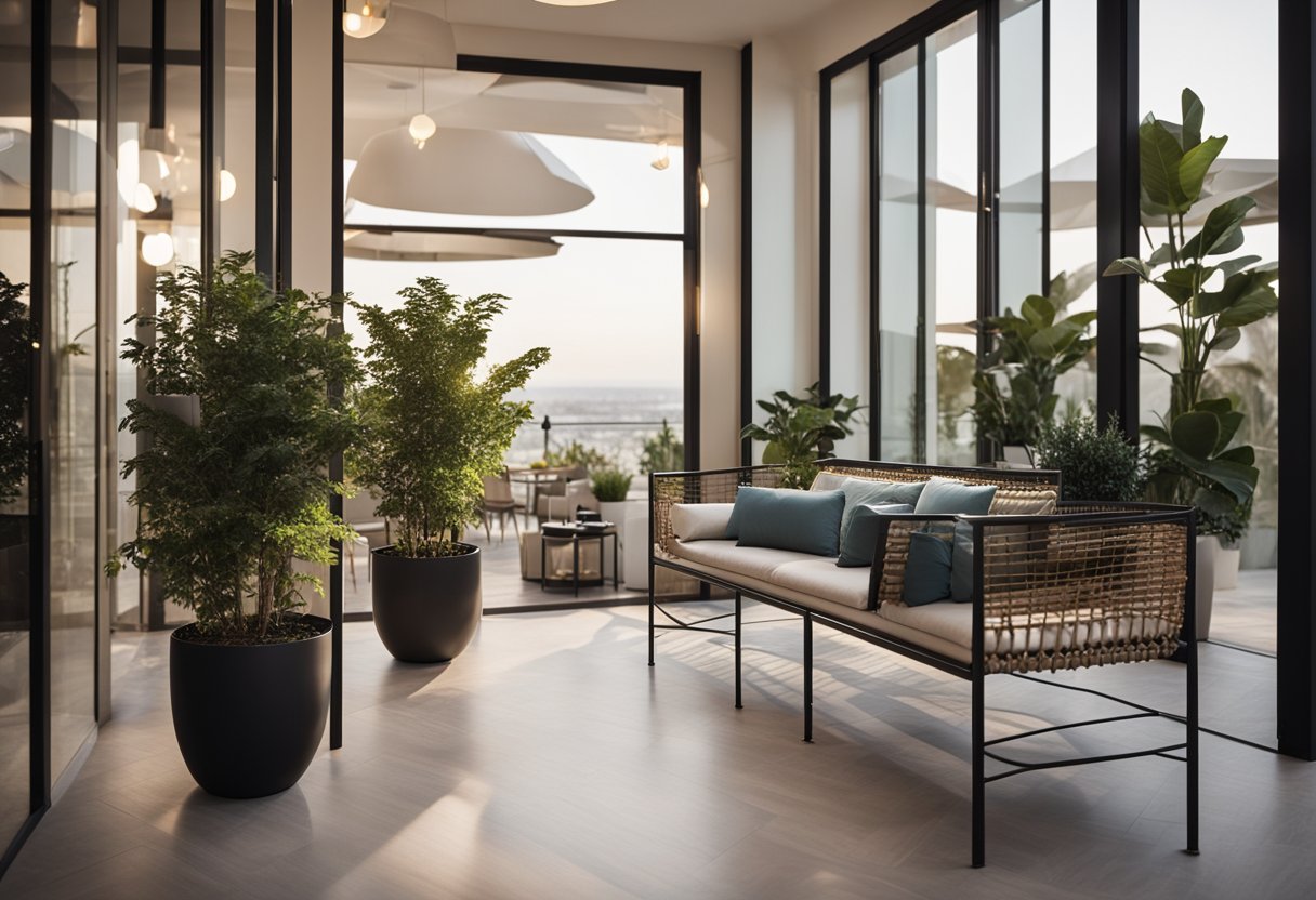 A spacious front balcony with modern furniture, potted plants, and decorative lighting. Aesthetic design elements include sleek railings and stylish flooring