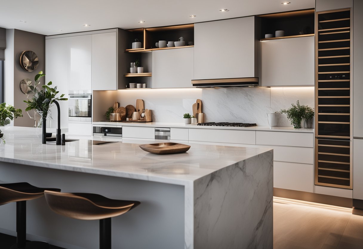 A modern kitchen with sleek marble countertops, clean lines, and minimalist decor