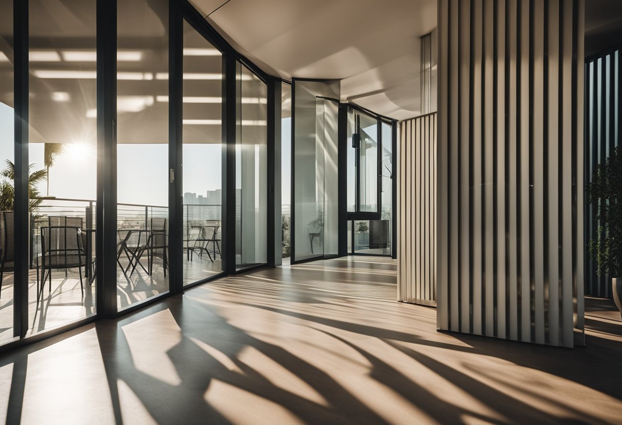 A balcony with a sleek, modern sun shade design casting geometric shadows on the floor