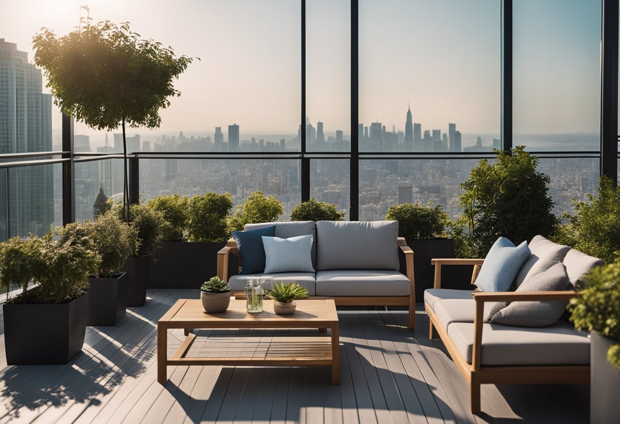 A modern balcony with a retractable sun shade, potted plants, and comfortable outdoor furniture overlooking a city skyline