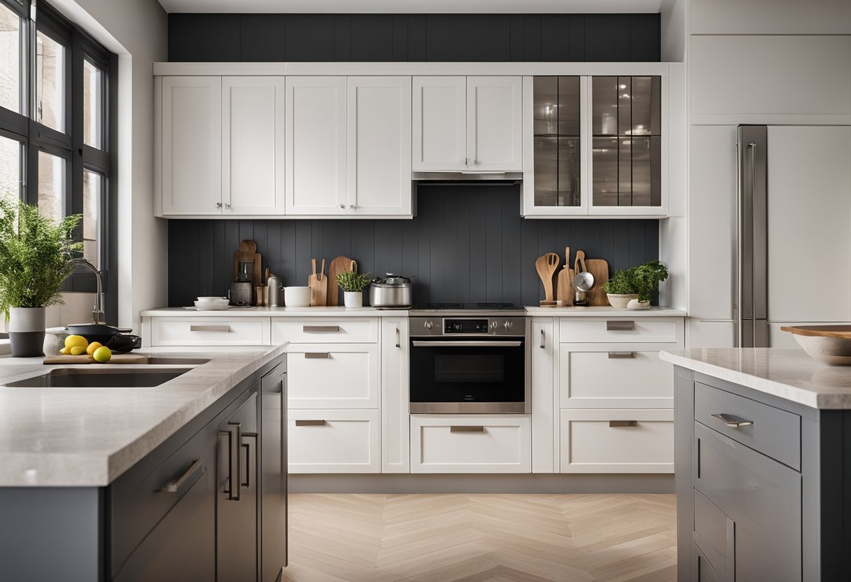 A spacious kitchen with a stove, sink, and refrigerator forming a clear triangle for efficient movement. Cabinets and countertops provide ample storage and workspace
