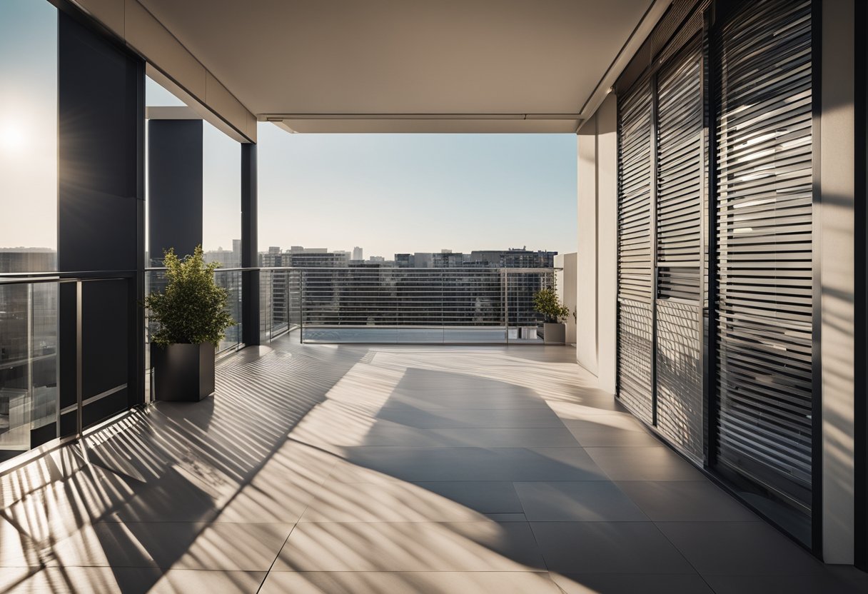 A modern balcony with sleek sun shades, casting geometric shadows on the floor. The design features clean lines and a minimalist aesthetic