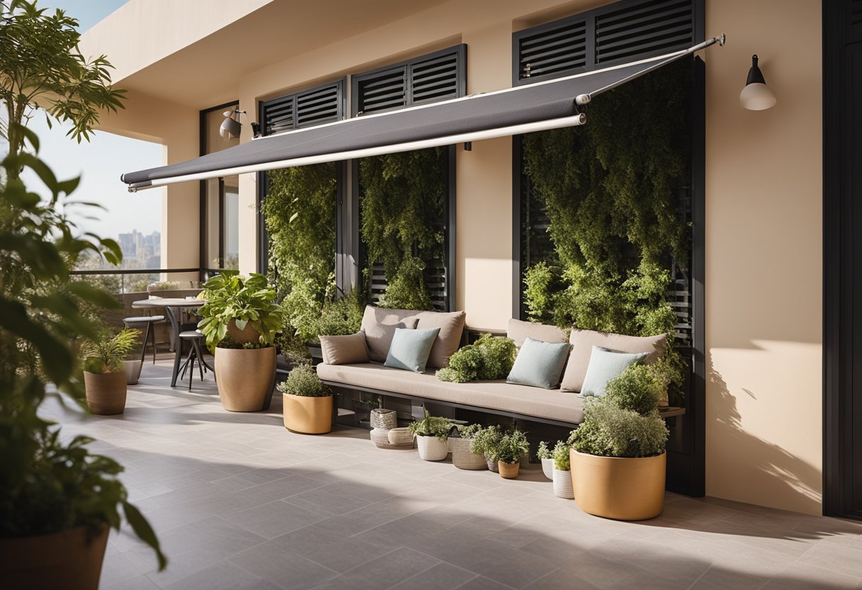 A balcony with a retractable sun shade, surrounded by potted plants and comfortable seating