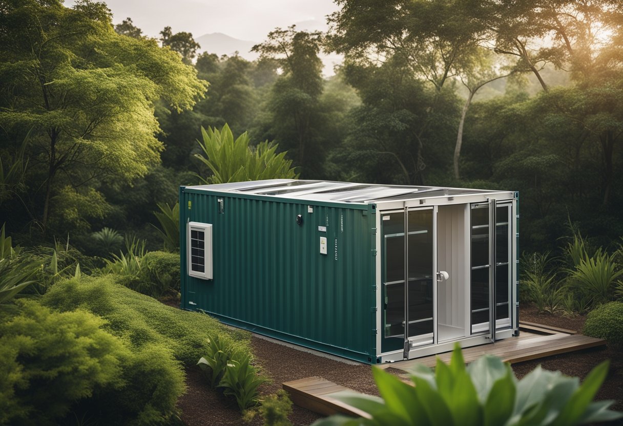 A sleek, modern container toilet with a translucent roof, solar panels, and a green living roof, surrounded by lush landscaping