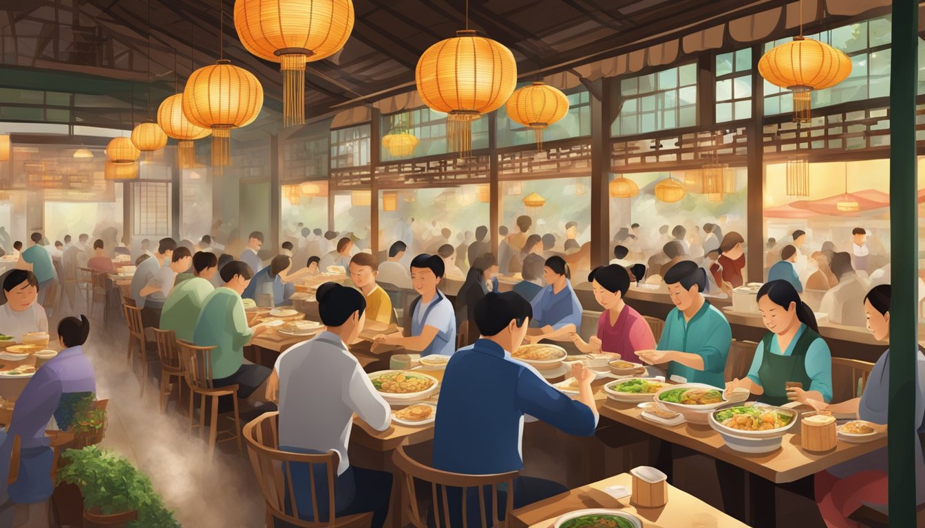 A bustling dim sum restaurant with steaming bamboo baskets, colorful plates, and diners enjoying a variety of savory and sweet dishes