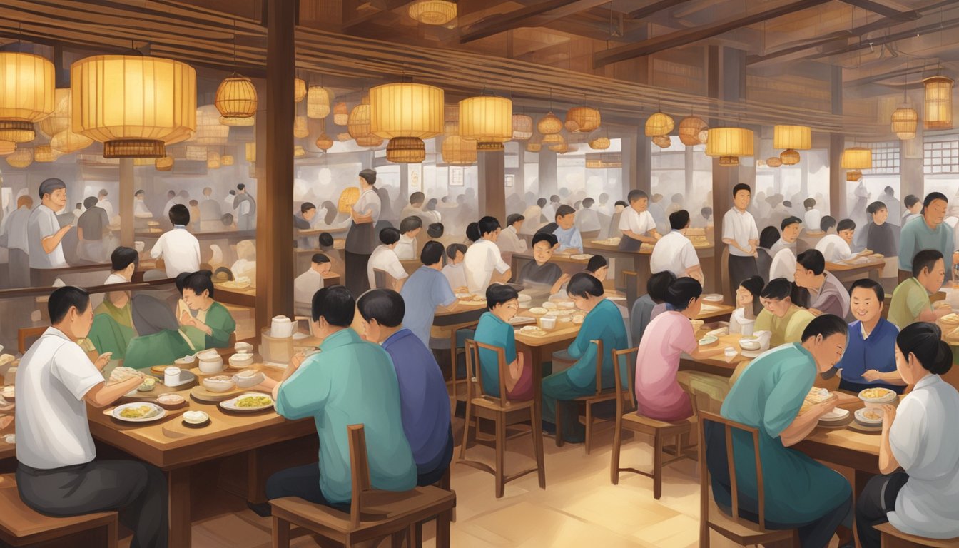 Customers enjoying a bustling atmosphere, with steaming bamboo baskets of dim sum on tables, and waiters weaving through the crowd at Swee Choon Tim Sum Restaurant