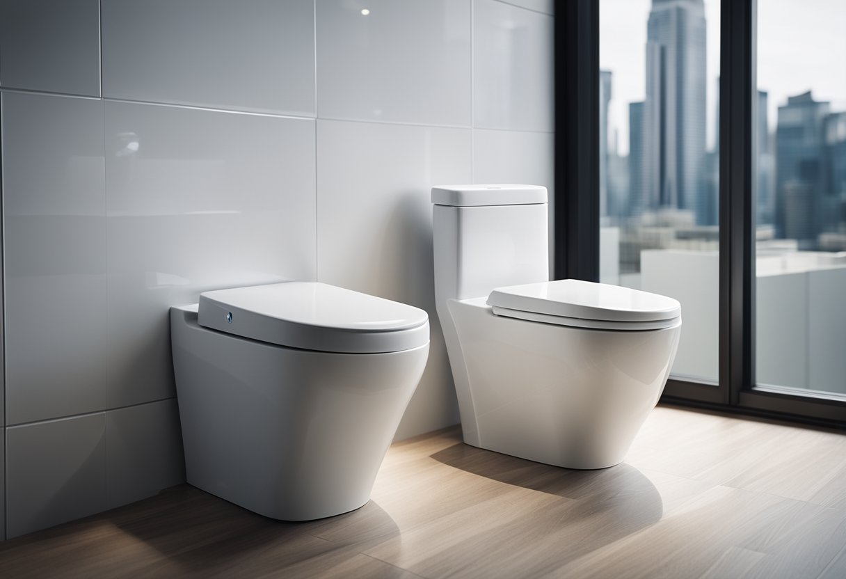 A modern toilet with a sleek and minimalist design, featuring a prominently displayed container for frequently asked questions