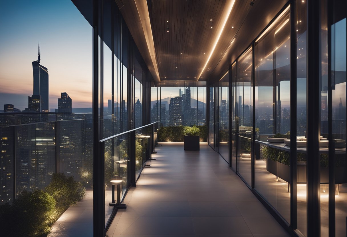 A modern, sleek balcony roof design with glass panels, metal framework, and integrated lighting, overlooking a city skyline