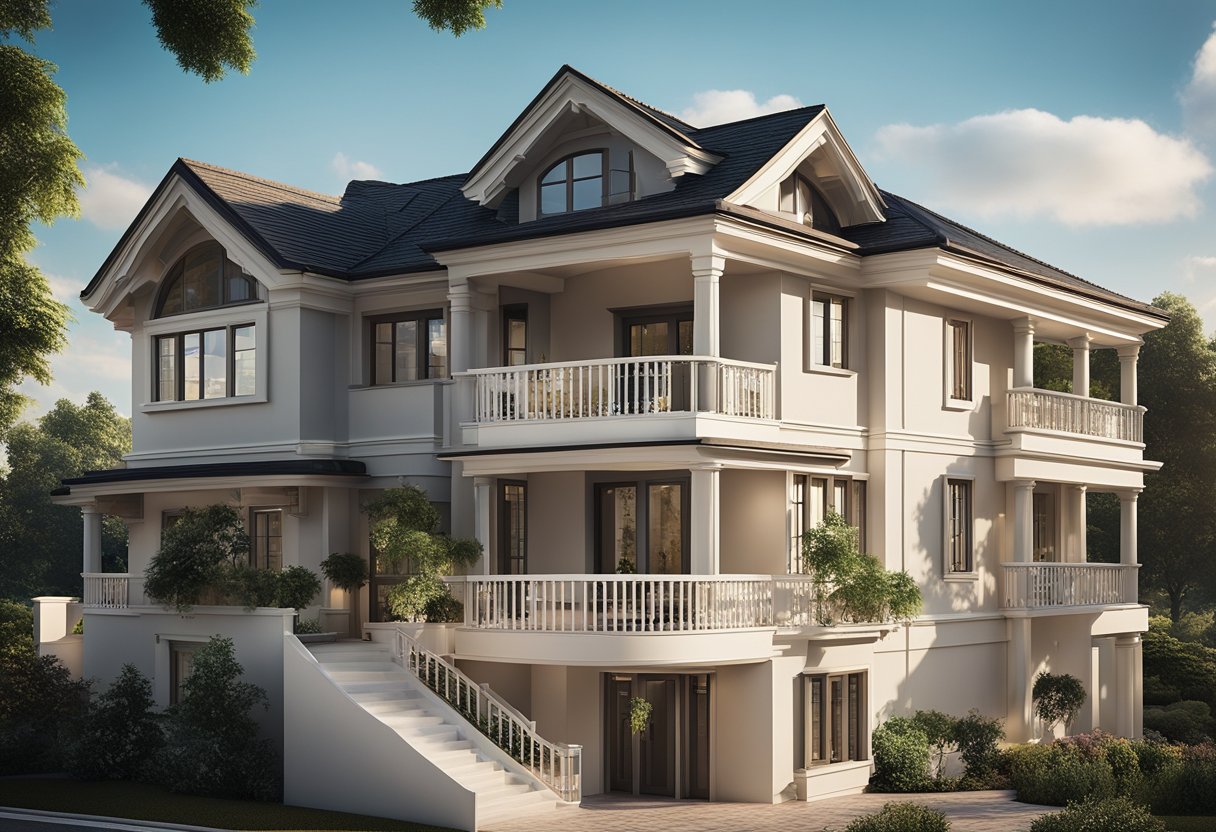 A two-story house with a spacious balcony overlooks a serene neighborhood