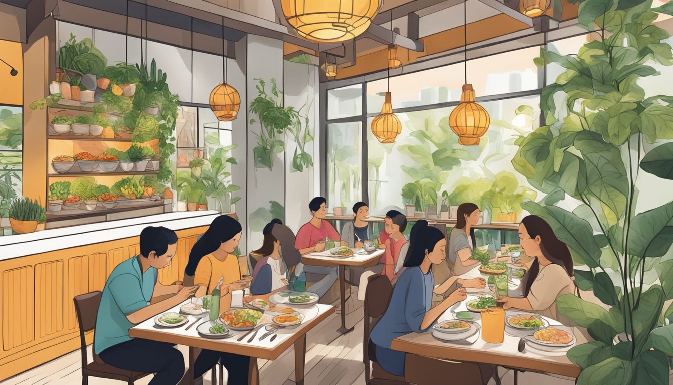 Customers savoring colorful and aromatic vegetarian dishes in a cozy, modern Singaporean restaurant. A diverse array of plant-based delicacies adorn the tables, creating a vibrant and inviting atmosphere