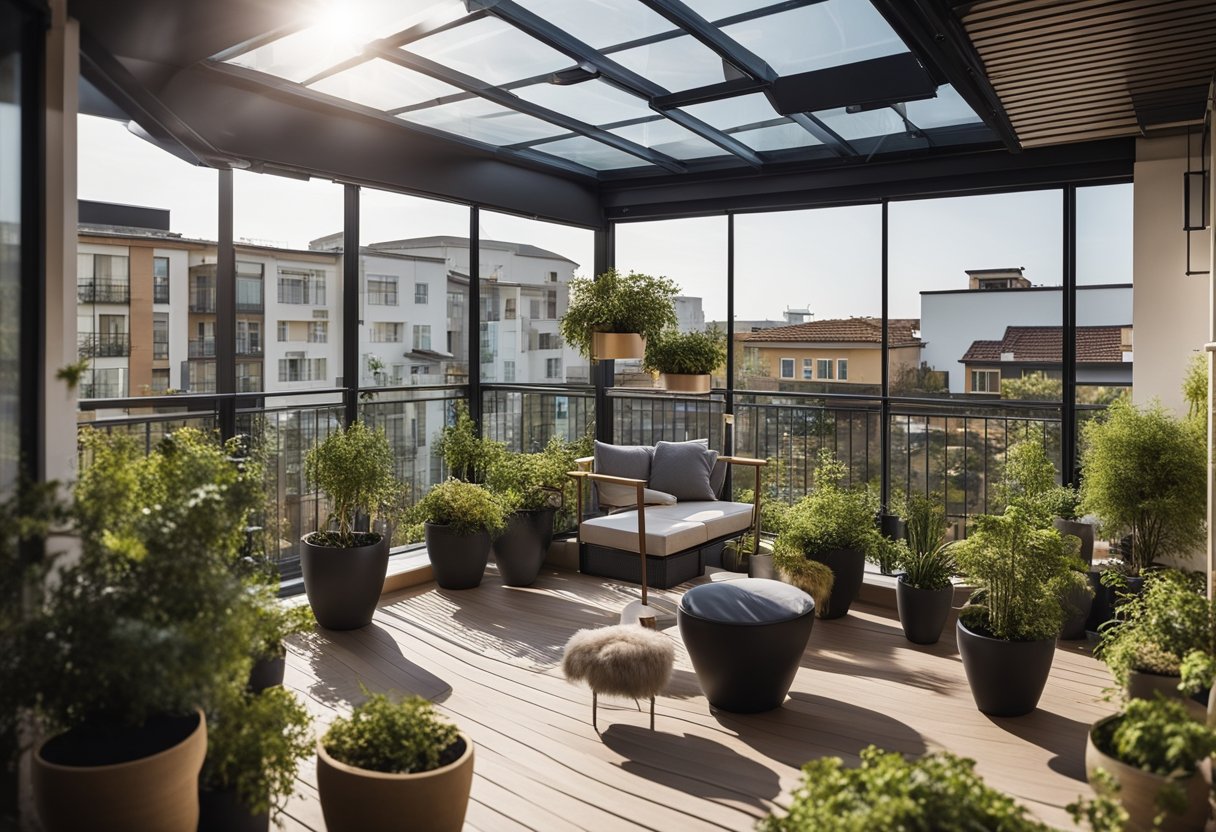 A spacious balcony with a retractable roof, comfortable seating, and integrated storage for plants and outdoor accessories