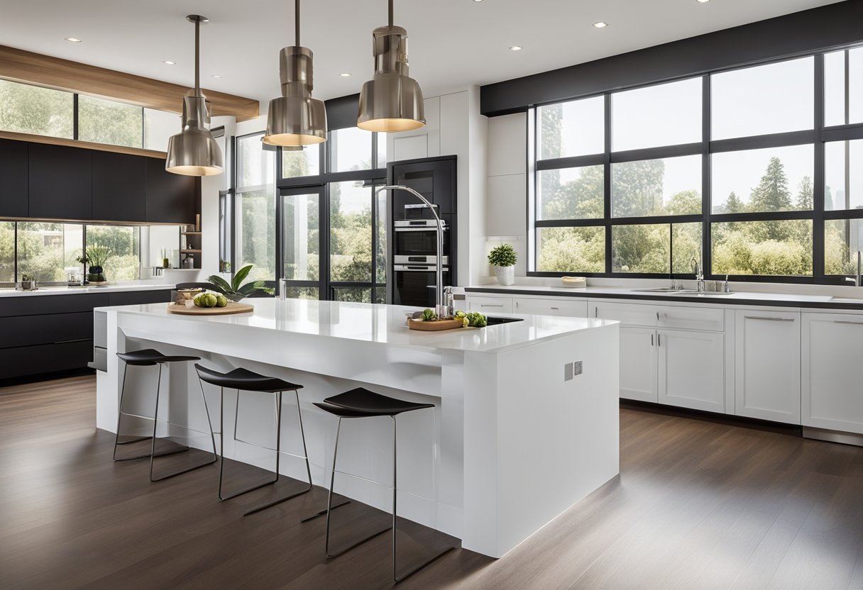 A modern, open kitchen with sleek countertops, stainless steel appliances, and a large island. The space is flooded with natural light from floor-to-ceiling windows
