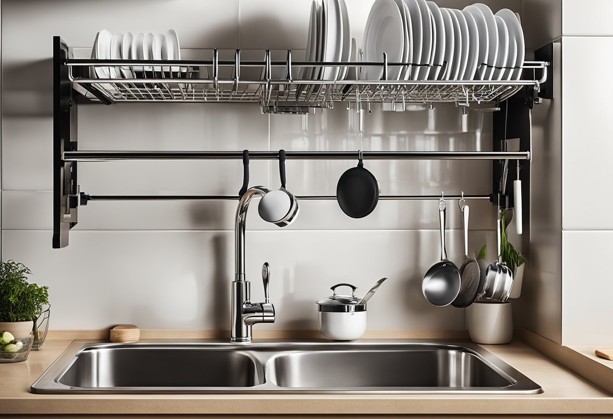 The kitchen dish rack is mounted above the sink, with adjustable shelves and hooks for utensils. The compact design maximizes counter space and promotes efficient dish drying
