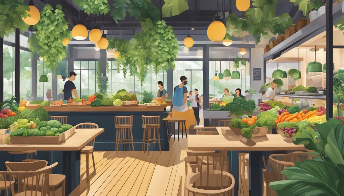 A bustling vegetarian restaurant in Singapore, with a vibrant atmosphere and a focus on sustainable and healthy living. The interior is filled with lush greenery, natural wood accents, and colorful, fresh produce on display