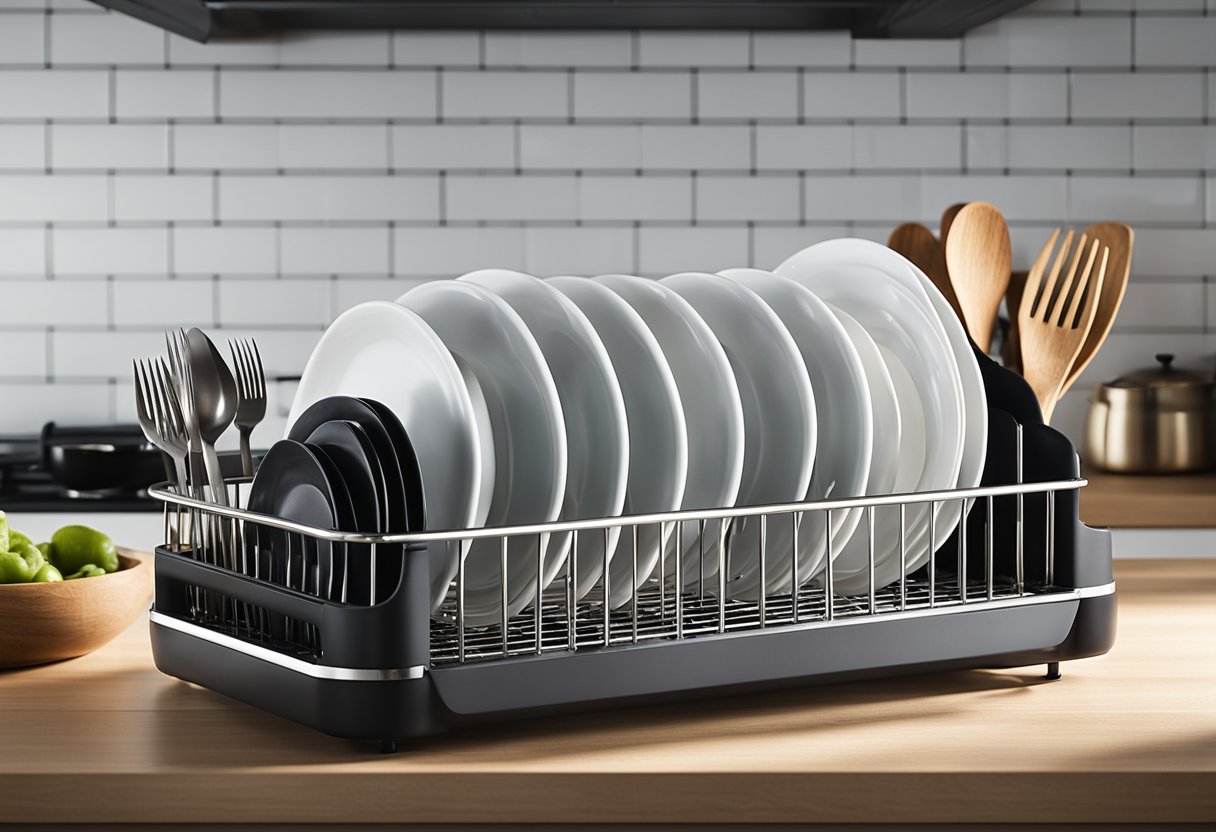 A sleek, modern kitchen dish rack stands on the countertop, neatly organizing plates, bowls, and utensils. The design is efficient, with separate compartments for different types of dishes and a drip tray to catch excess water