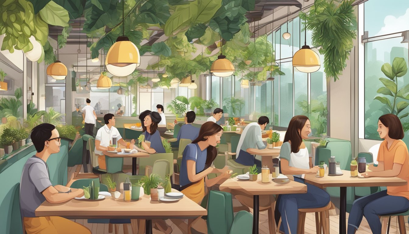 A bustling vegetarian restaurant in Singapore with customers enjoying a variety of plant-based dishes and friendly staff answering frequently asked questions