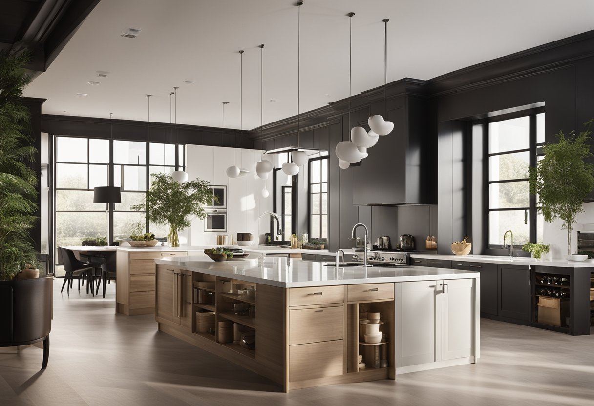 A spacious open kitchen with sleek, modern cabinets and a large island. The natural light floods in through the windows, illuminating the clean and minimalist design