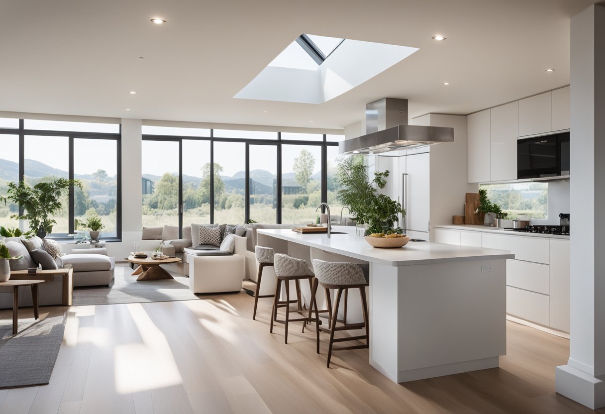 A bright, airy kitchen with sleek, modern appliances and ample natural light streaming in from large windows. An open layout seamlessly connects the kitchen to the dining and living areas, creating a welcoming and inclusive atmosphere