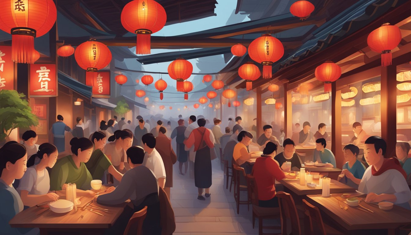 A bustling restaurant with red lanterns, wooden tables, and aromas of sizzling woks and steaming dumplings