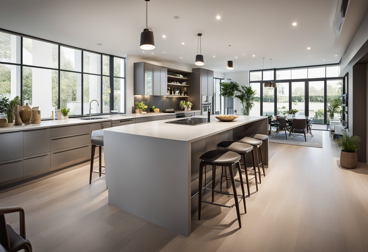 An open kitchen with modern appliances and ample storage. A large island with bar seating. Clean lines and neutral colors create a sleek, inviting space