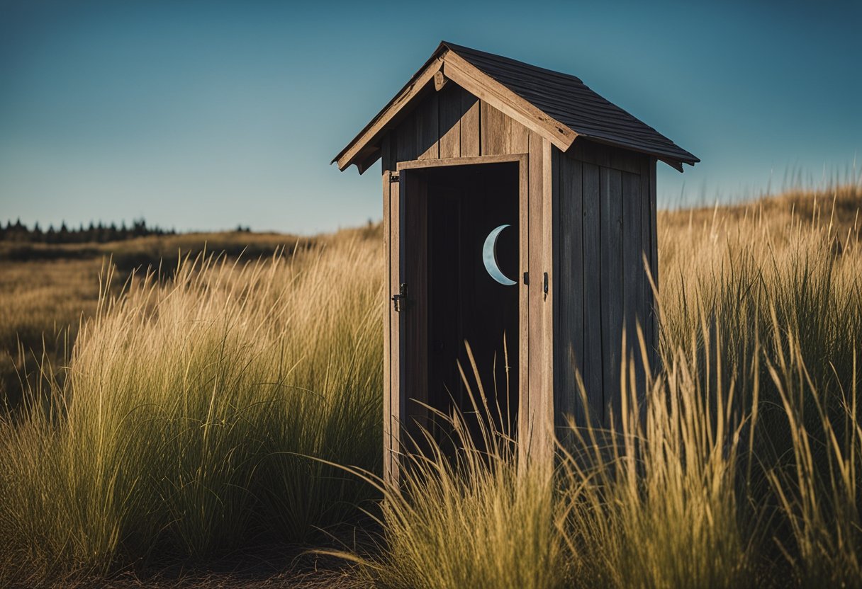 A rustic wooden outhouse with a crescent moon cutout on the door, surrounded by tall grass and a clear blue sky