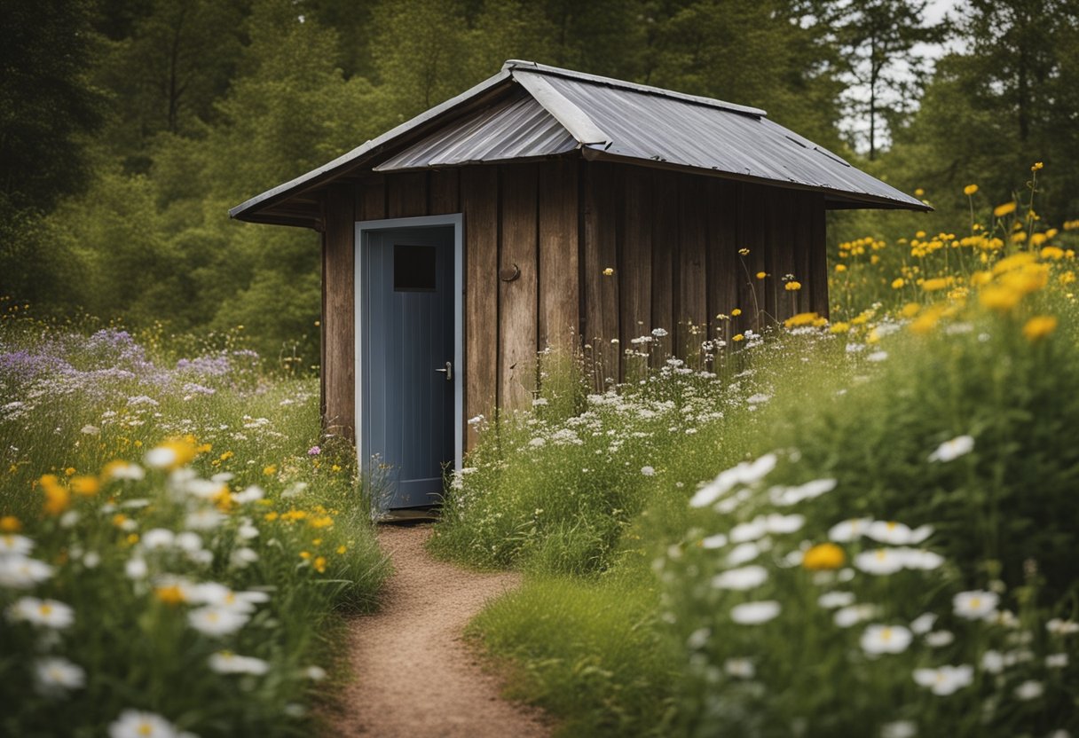 A rustic wooden outhouse with a sloped tin roof, surrounded by wildflowers and a winding path leading to the door