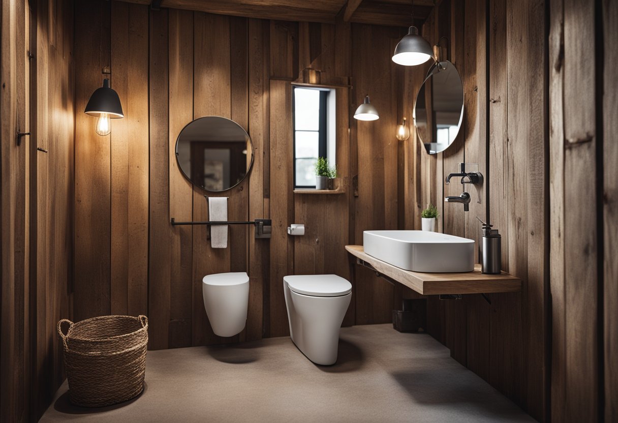 A rustic farm toilet with wooden walls, a metal bucket for a sink, and a handmade mirror mounted on the wall