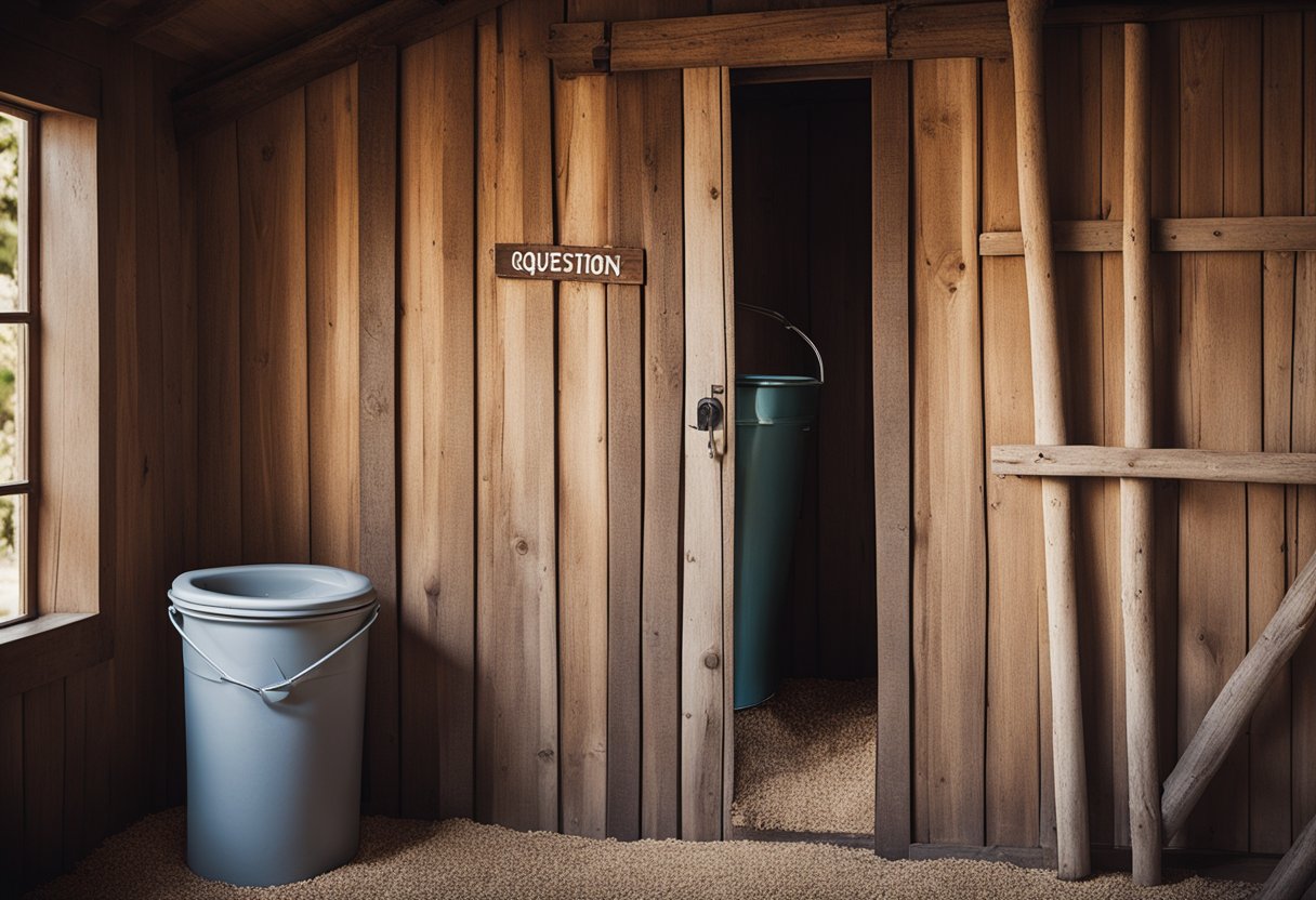 A rustic farm toilet with wooden walls, a simple seat, and a bucket of sawdust for composting. A sign on the door reads "Frequently Asked Questions" in bold letters