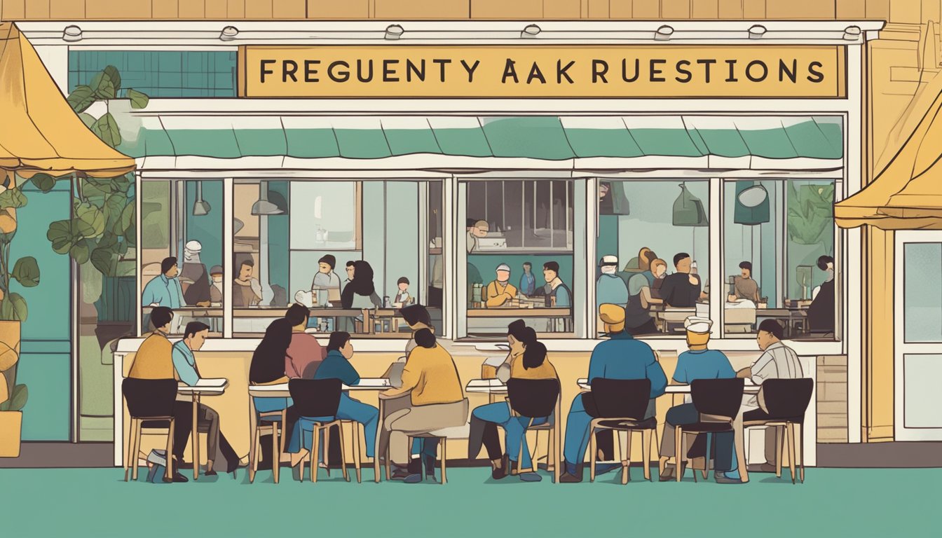 A bustling restaurant with a sign reading "Frequently Asked Questions kok sen restaurant" and a line of customers waiting to be seated
