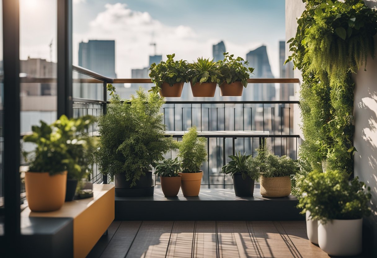 A balcony adorned with hanging plants and colorful furniture overlooks a bustling city street. The design is modern and inviting, with a mix of natural and industrial elements